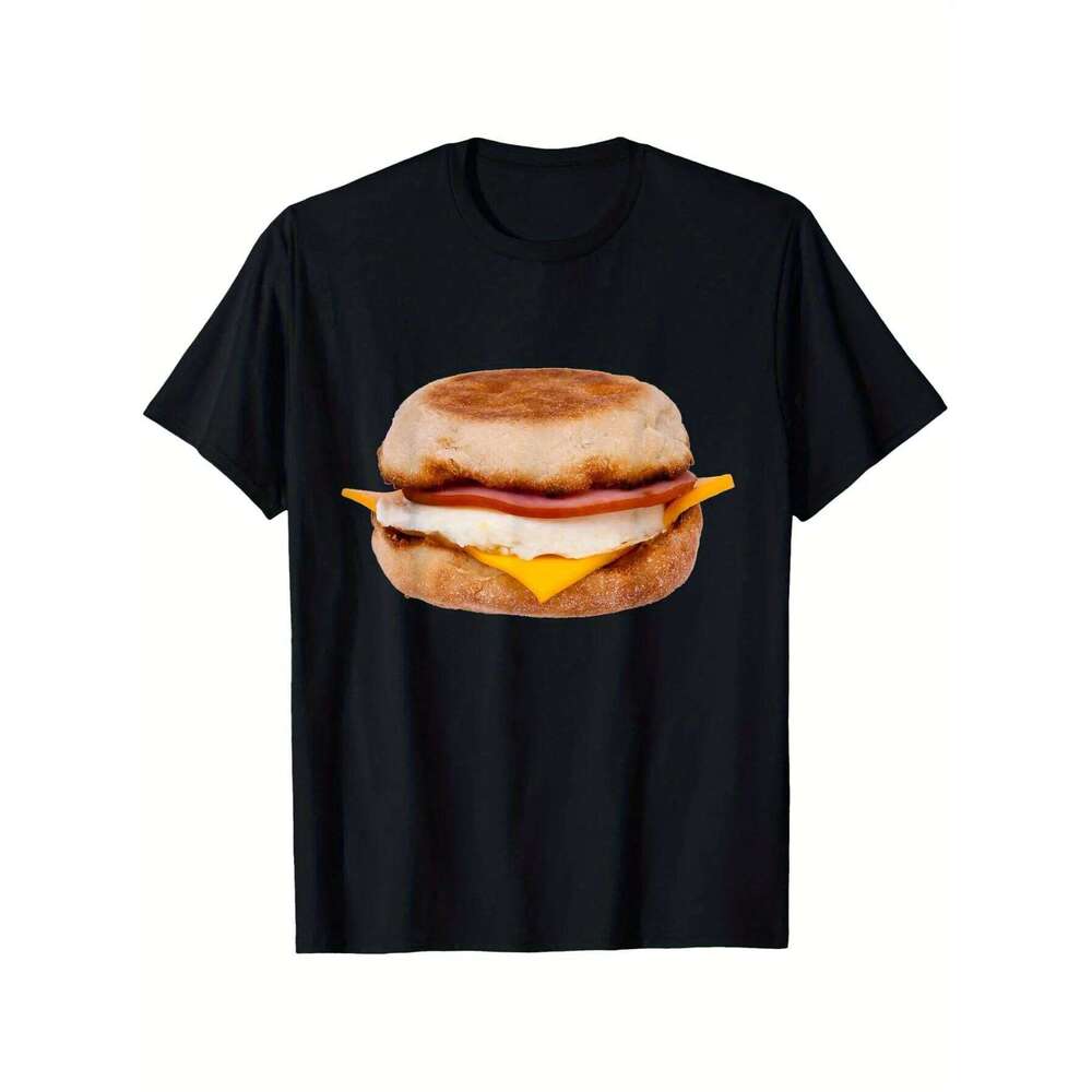 Ideas Fun Food Theme 100% Cotton with Breakfast Sandwich Print Casual Crew Neck Short Sleeve T-Shirt Suitable for Men and Women Halloween, Thanksgiv