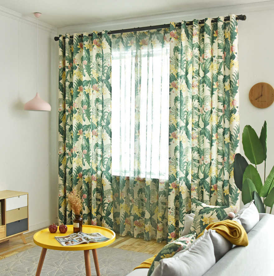 Sheer Curtains American country style curtains with tropical rainforest print Nordic green plant blackout curtains for bedroom and living room S2-image-1095917431