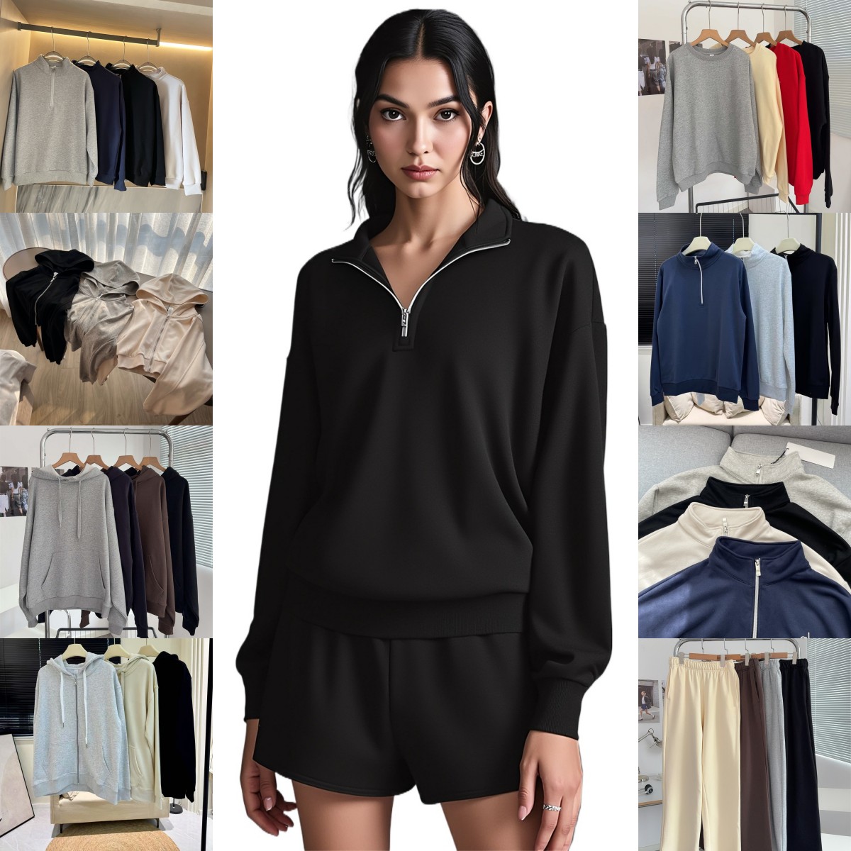 Yoga Hoodies Sets Stand Up Collar Sweatshirts 1/4 Pullover Outfits Men Women Sweatshirts 3D Sier On Chest Loose Long Sleeve Sweatwear Women Cloth-image-1073417716