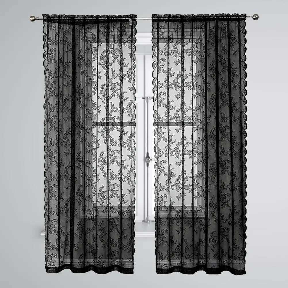 Sheer Curtains Lace Curtain Airy Sunscreen Thin Dustproof Washable Decorative Tear Resistant Floral Patterned Black Lace Sheer Curtain for Home S-image-1095917756