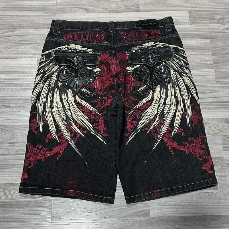 Gothic hip-hop wings oversized pattern printed baggy denim shorts for men 2000s summer new fashion high street popular y2k pants Z260228