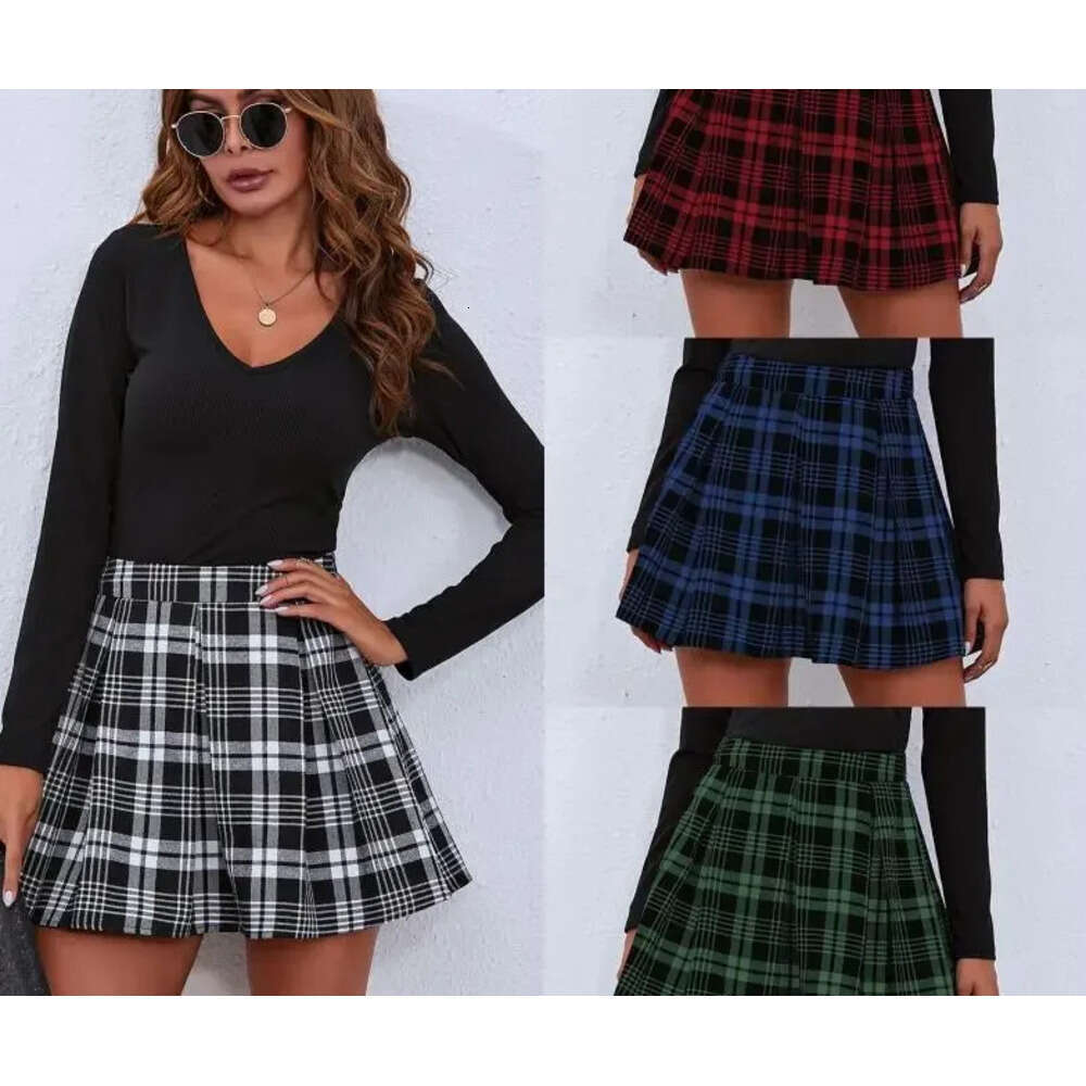 2024 Women's New Spring Summer Retro High Waist Black and White Gray Red Green Blue Pleated Plaid Skirt L260228-image-1095803385