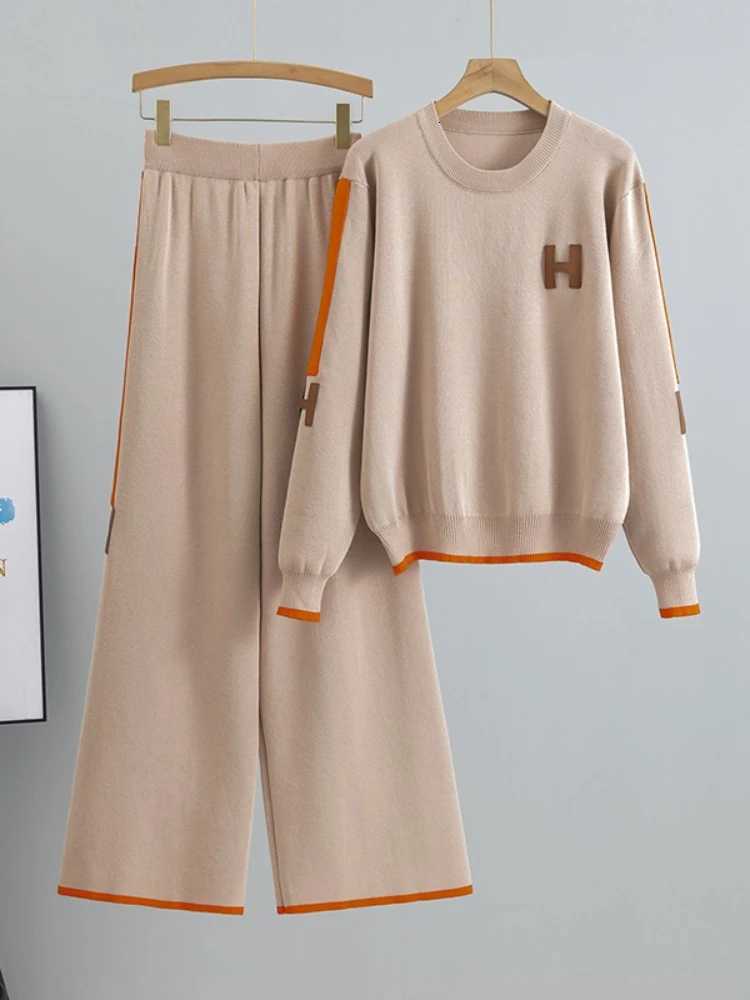 Ensemble deux pièces en tricot brodé de lettres pour femmes, pull sportif décontracté à col rond, pantalon taille haute T260228