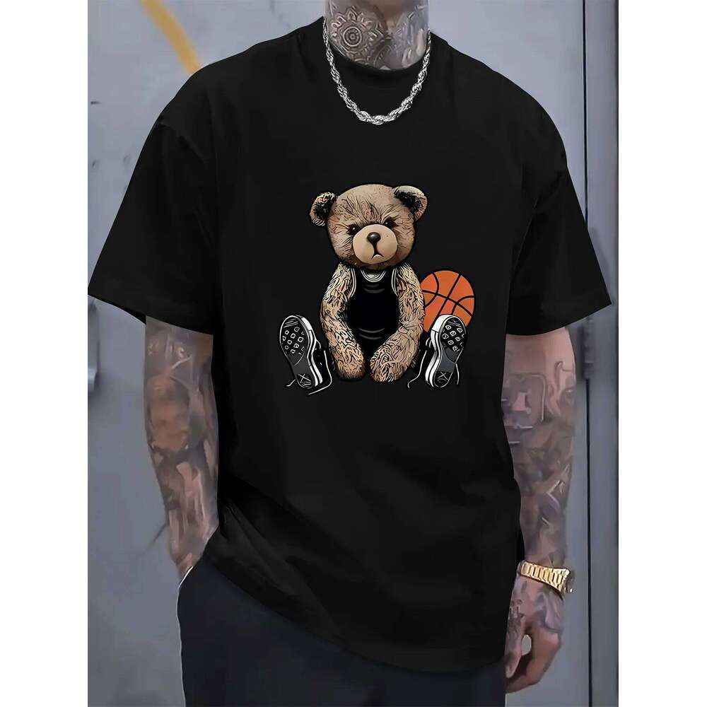 T-shirt col rond pour hommes, mode d'été amusante, imprimé ours de basket-ball, confortable et respirant, haut décontracté pour l'extérieur, C260