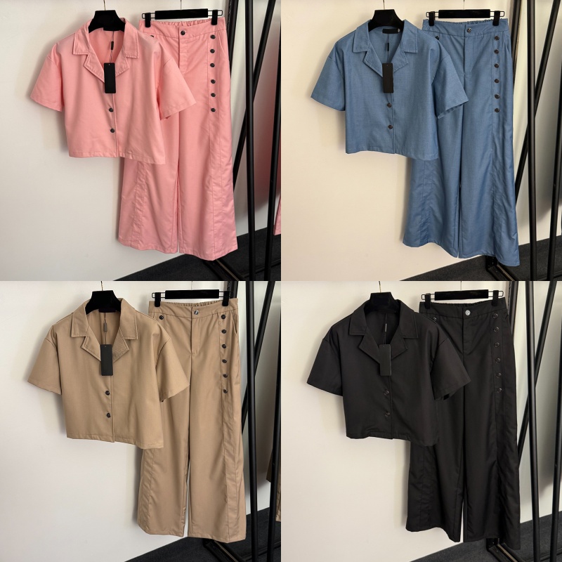 Designer Femmes Recadrée Revers Tees Pantalon Taille Haute Tenues Marque Vintage Chemises À Manches Courtes Boutons Élégants Pantalons Jambes Lar