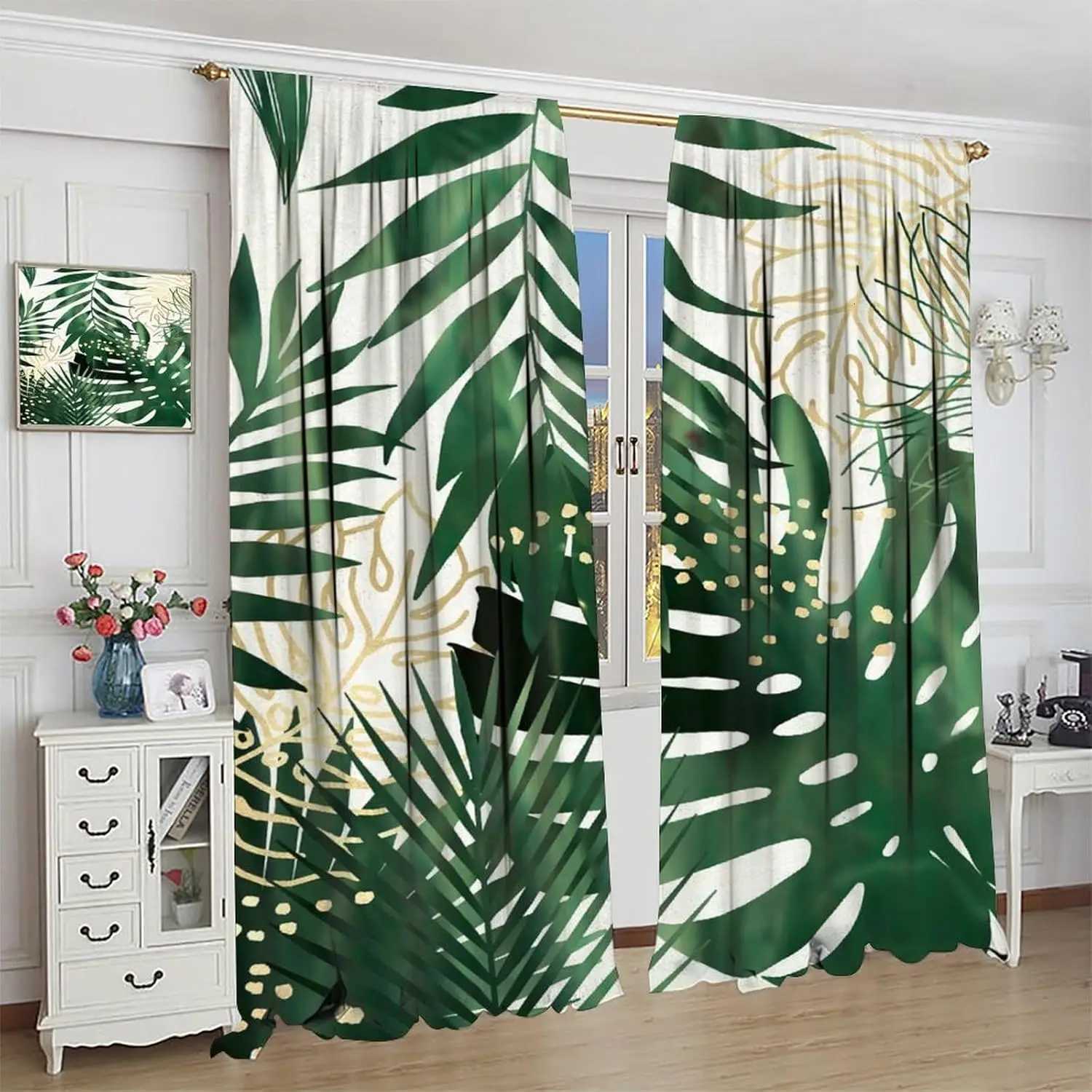 Sheer Curtains Tropical Palm Leaf Curtains Natural Emerald Green Gold Botanical Plant Botanical Abstract Printed Rod Pocket Window Treatments S26-image-1095917690