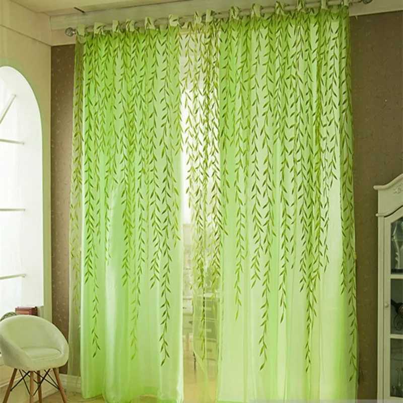 Sheer Curtains 2 Panels Green Willow Leaves Curtain Print Design Sheer Pattern Voile Panel Drape Room Window Curtains Home Textiles S260227-image-1095918291