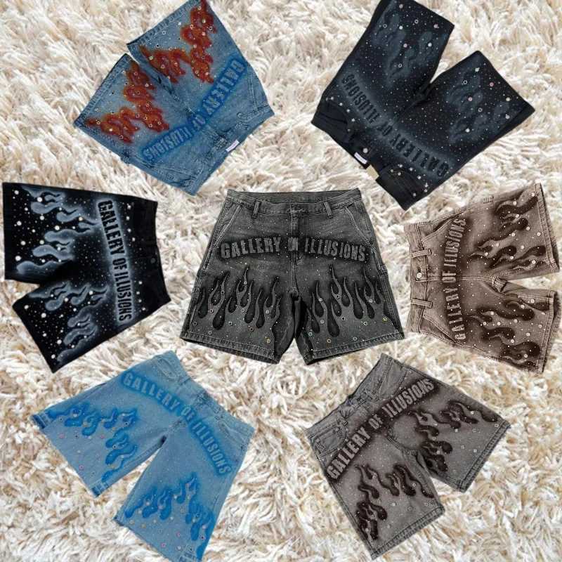 New Men Denim Shorts Flame Pattern Sequin Print Trendy Design Personality Print Streetwear Casual Versatile Summer Essential Z260228