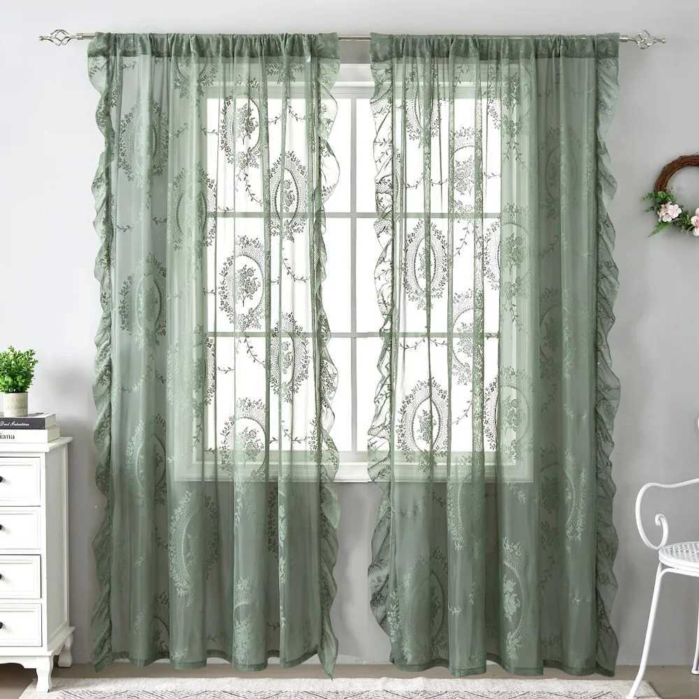 Sheer Curtains 2 Pcs Romantic Ruffled Edge French Lace Floral Curtain Rustic Retro Lace Sheer Curtain Embroidered Voile Curtain Living Room S2602-image-1095918476