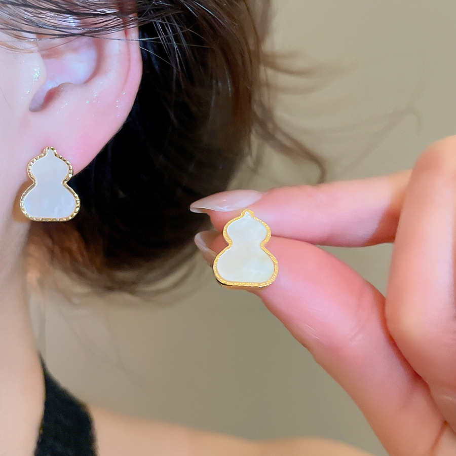 14K real gold plated silver needle gourd-shaped mother-of-pearl earrings, new Chinese style, simple and versatile, light luxury niche earrings fo-image-1095767799