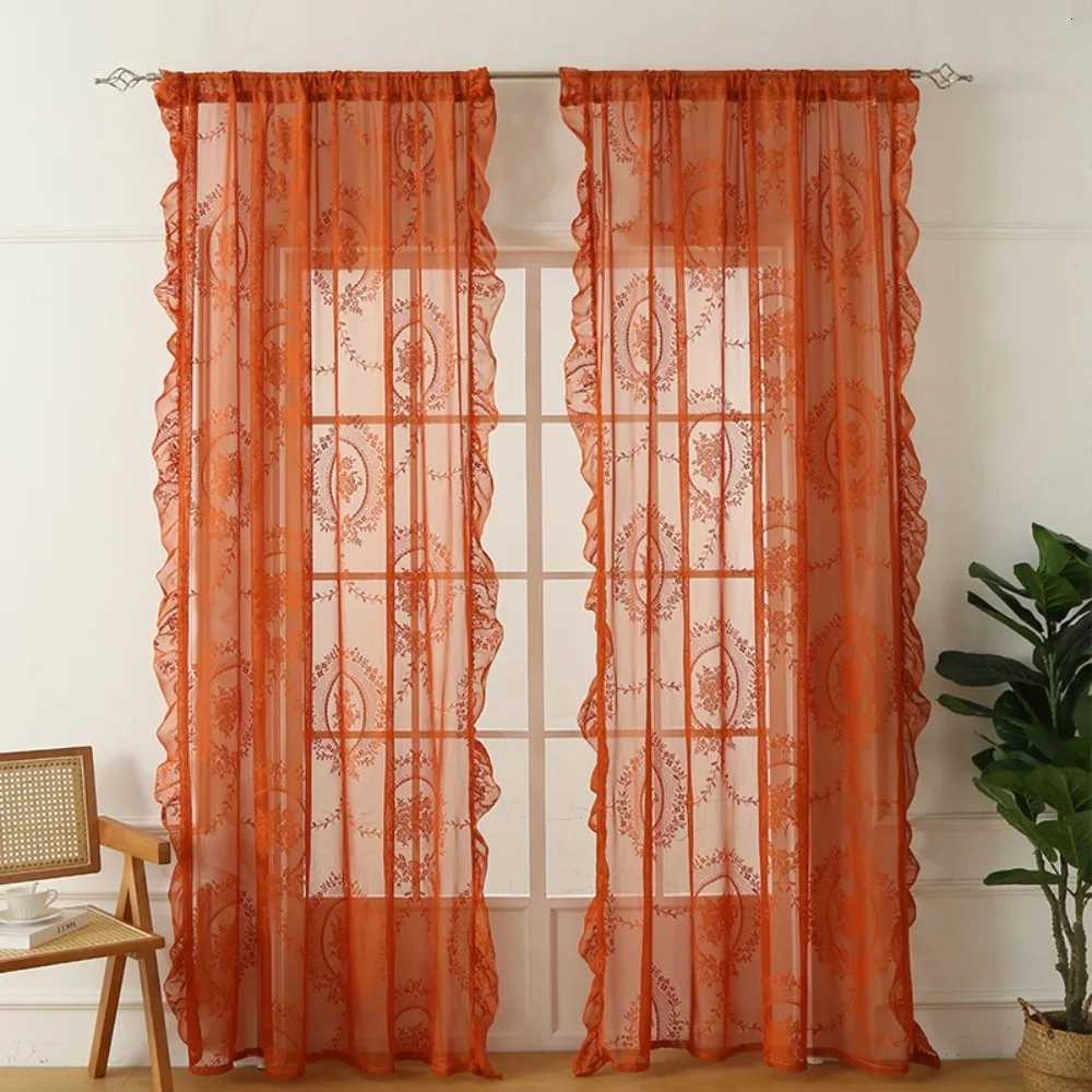 Sheer Curtains 2 Pcs Romantic Ruffled Edge French Lace Floral Curtain Rustic Embroidered Lace Sheer Curtain Retro Gauze Curtain Bedroom S260227-image-1095918433