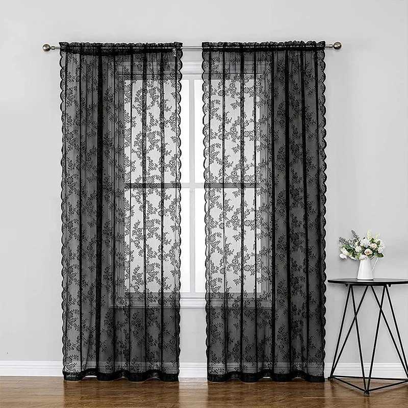 Sheer Curtains Black floral lace curtains with retro style for living rooms bedrooms and party decorations S260227-image-1095918233