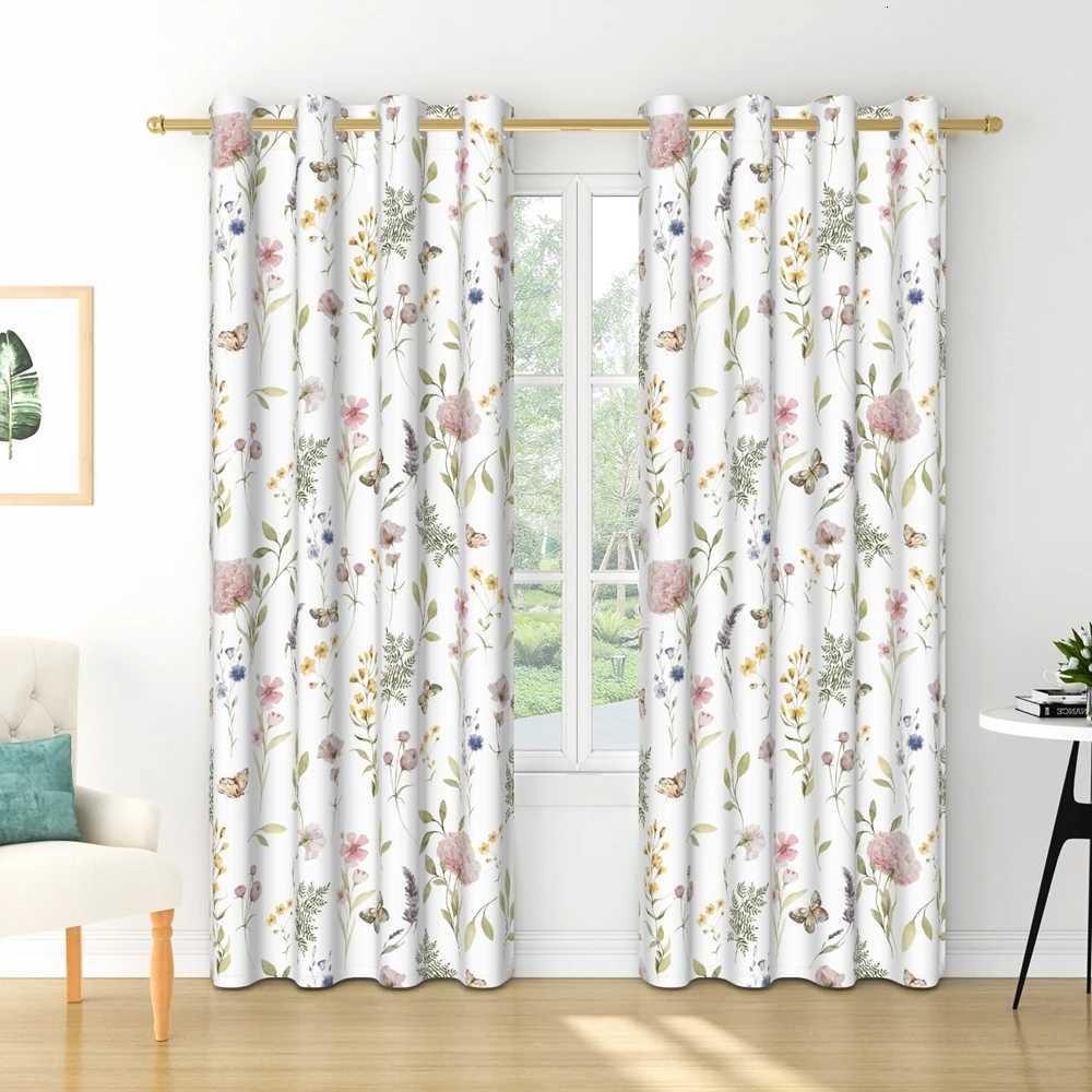 Sheer Curtains 2 Pieces Watercolor Floral Curtain Polyester Fabric Machine Washable for Living Room Kitchen Bedroom Blackout Window Curtains S260-image-1095919420