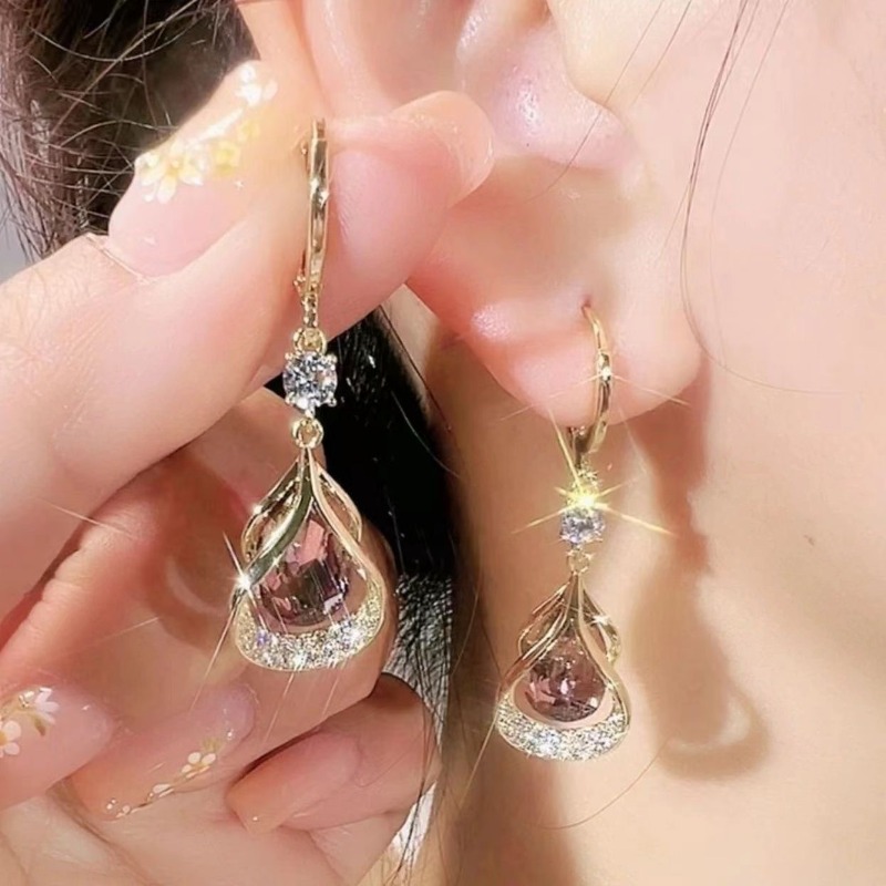 Geometric Water Drop Earrings For Women Shiny Zircon Inlaid Dangle Ear Clips Elegant Face Slimming Statement Jewelry Gift-image-1104204648