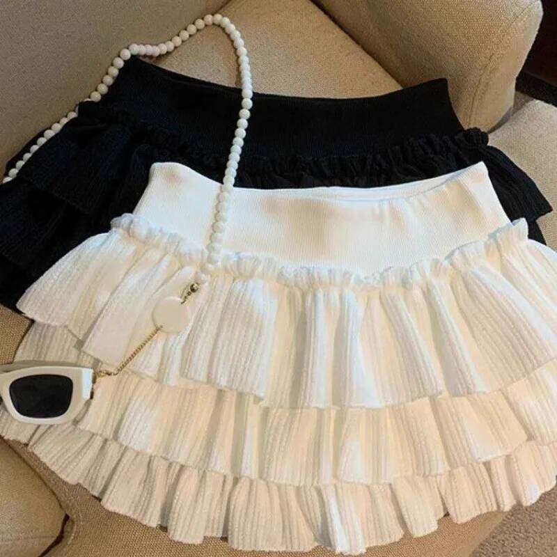 Sweet Puffy Cake Women Skirts Korean Fashion Ruched Ruffle Mini Campus Harajuku Casual Versatile Elastic Waist Solid Skirt L260228-image-1095816699