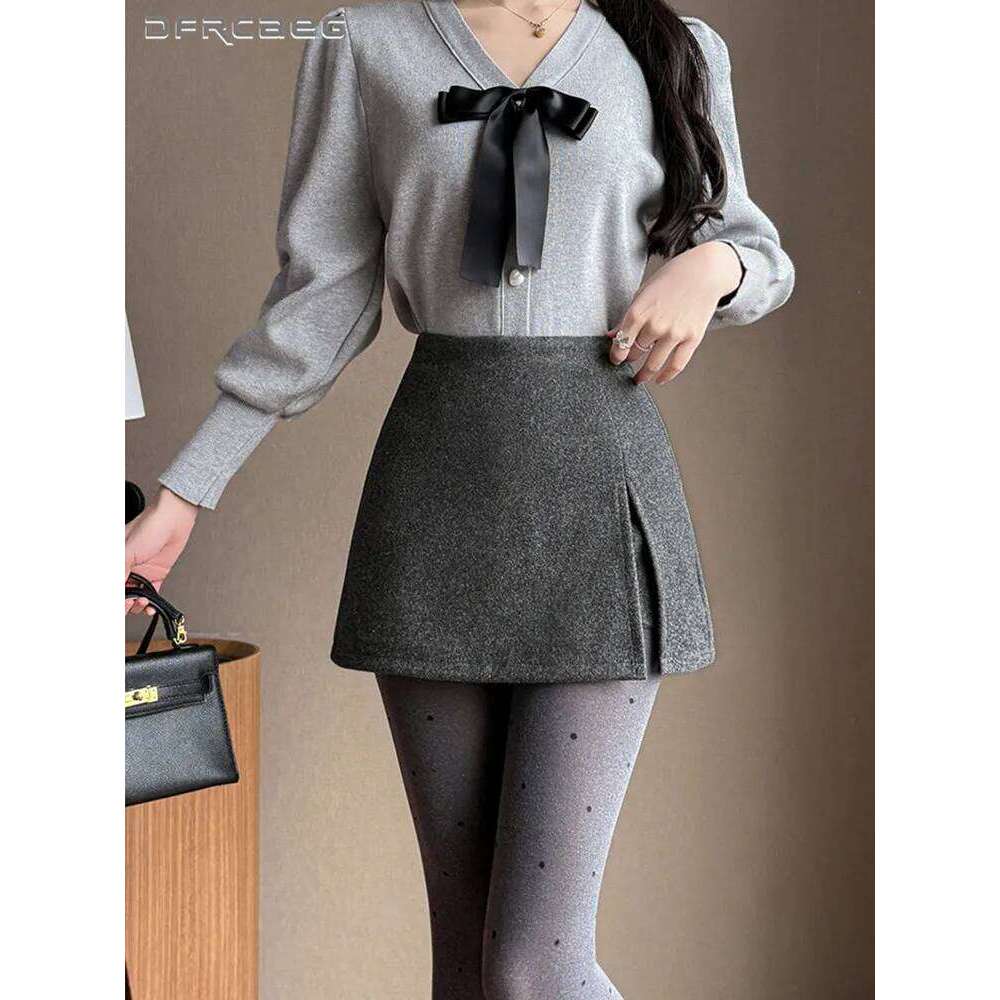 Autumn Winter Gray Thicken Women's Woolen Pencil Skirt High Waist Casual Slim Sexy Split Mini Short Skirts Lady L260228-image-1095811219