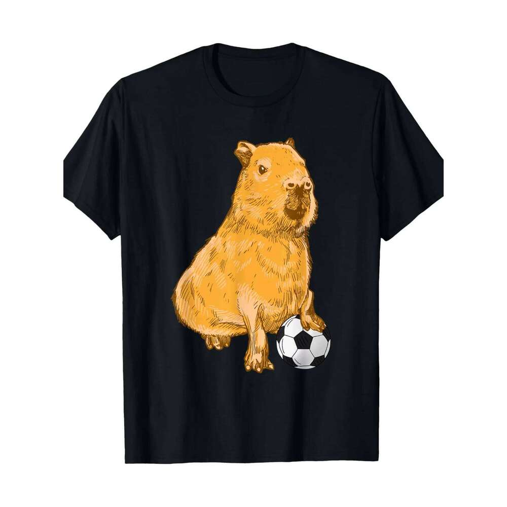 T-shirt imprimé graphique élégant pour hommes Capybara Football en pur coton 180 g - Vêtements décontractés confortables avec des designs accroch