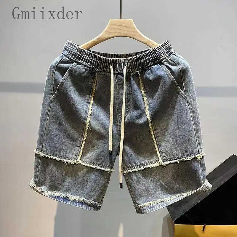 Style coréen bord brut épissage Denim Shorts hommes été haute rue à la mode beau pantalon américain rétro pantalons décontractés esthétique Z2602
