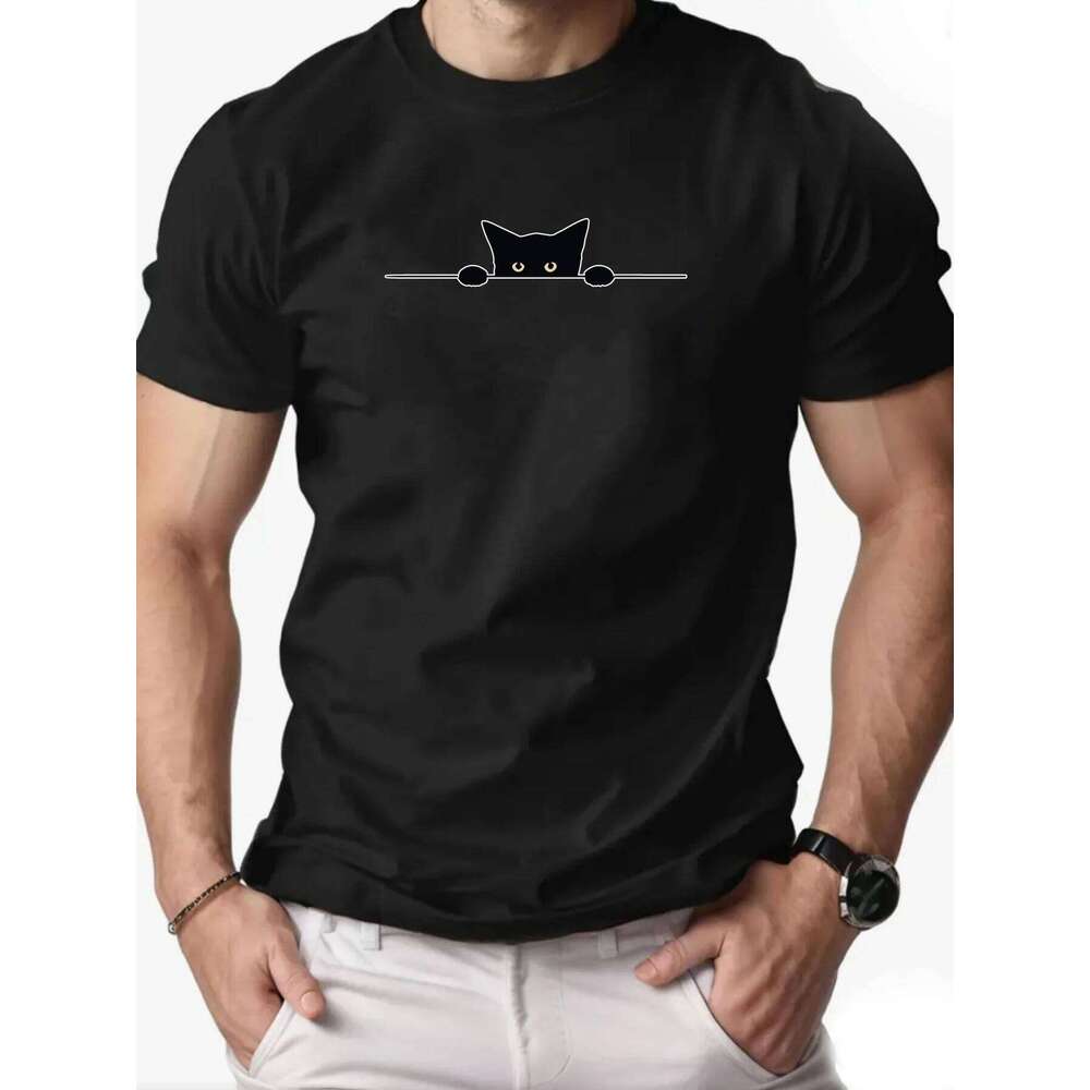 T-shirt col rond en coton pour hommes, doux au toucher, coupe ajustée, ludique, mignon, chat noir, graphique, quotidien, décontracté, C260228, no