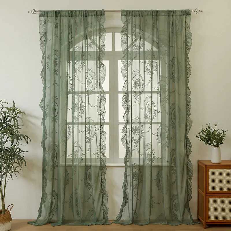 Sheer Curtains Dark Green Sheer Vintage Tulle Curtains Elegant Ruffle Embroidered Flowers Light Filtering Window Drapes for Bedroom Balcony S2602-image-1095918348