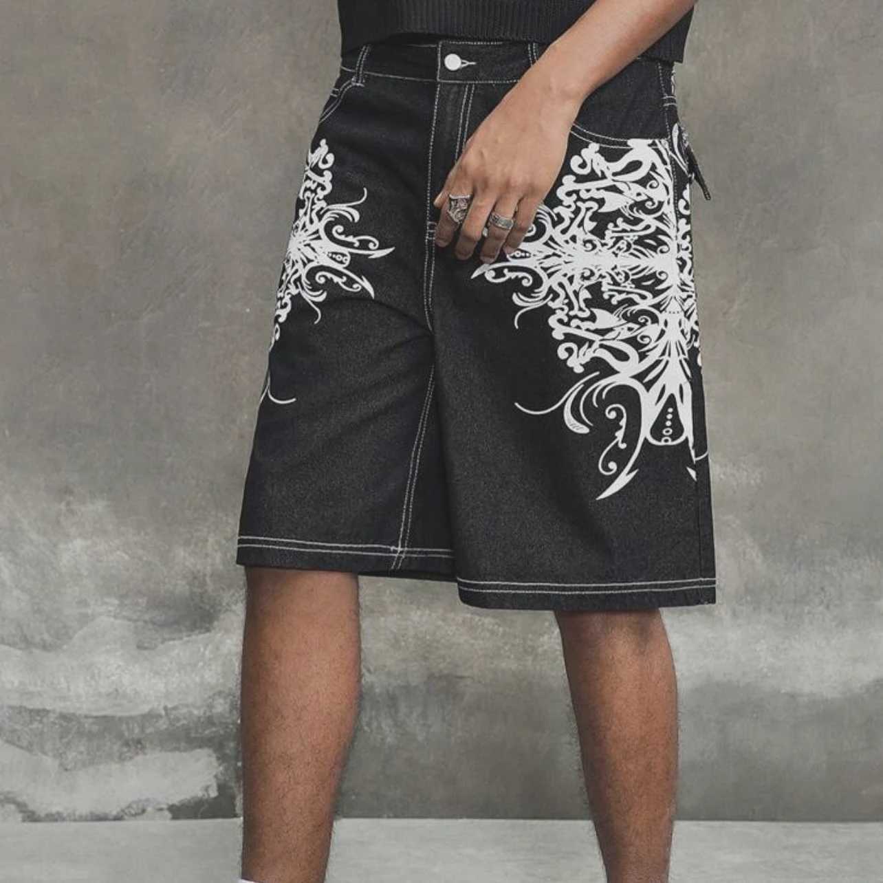 Y2K Gothic Embroidery Denim Shorts Loose Unisex Fit Printing Korean Casual Fashion Couple Wear Retro American Vintage Comfort Z260228