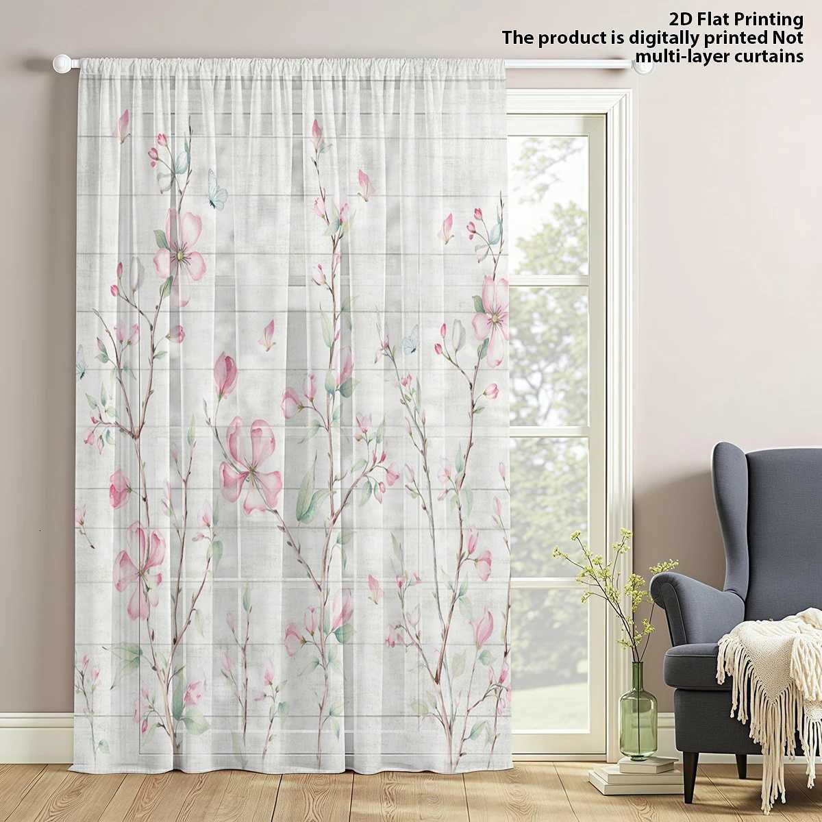 Sheer Curtains 1 Piece Blossom Branch Peach Sheer Curtain - Translucent Light Reducing Privacy Rod Pocket for Living/Bedroom/Kids Room S260227-image-1095918787