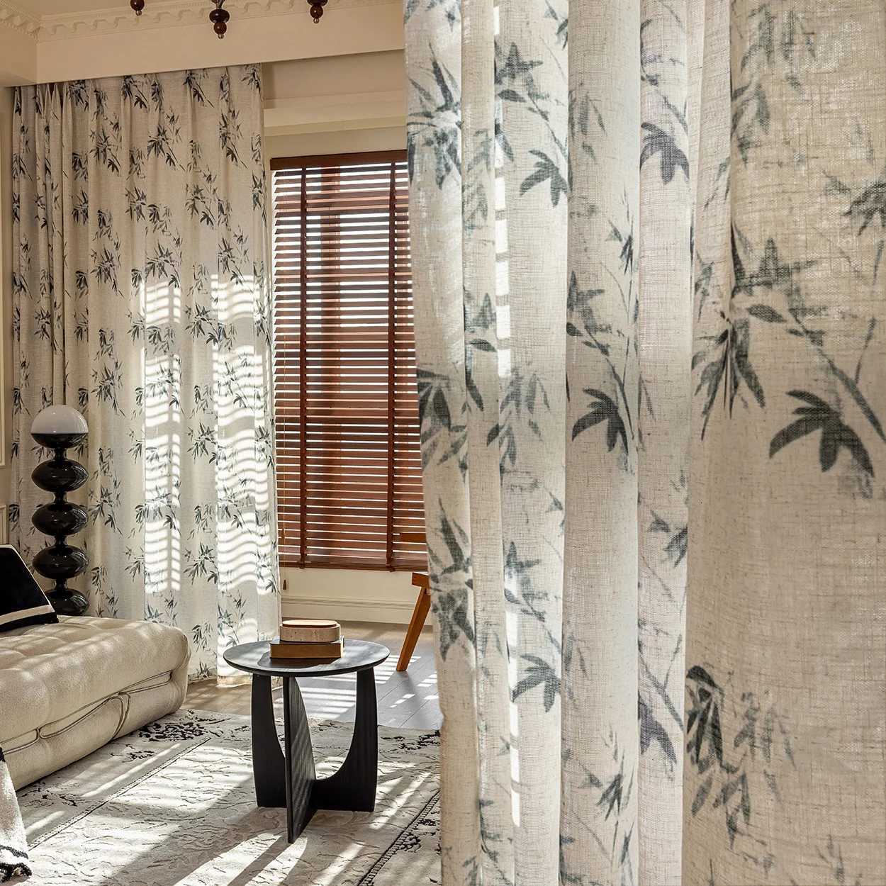 Sheer Curtains 1pc New Ancient Bamboo Print Linen Window Curtain UV Protection Romantic Vintage Style Suitable for Balcony and Dining Room S26022-image-1095919216