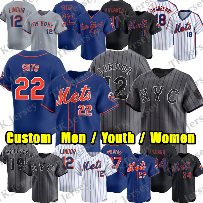 Custom Mets Baseball Jersey New Yorks Jersey Juan Soto Francisco Lindor Mark Vientos Bichette Nolan McLean Kodai Senga Marcus Semien Stitched Any Na