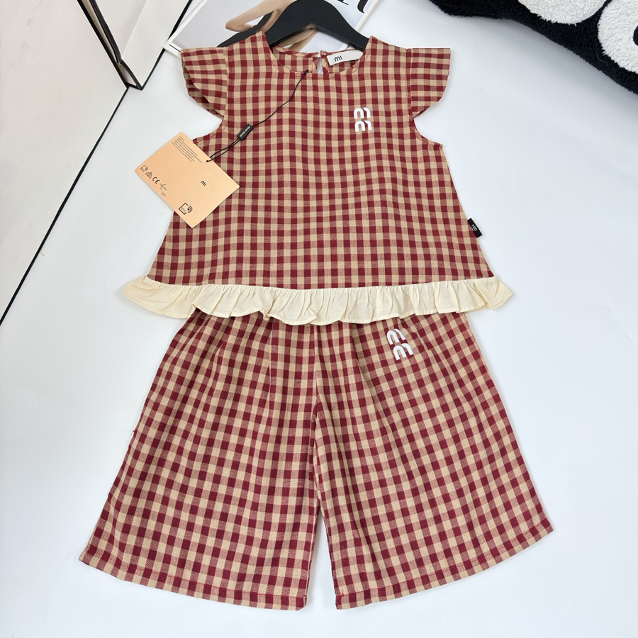 Designer Kids Girl Outfit Set 2PCS Summer Toddler Children Cotton Fly Red Plaid Sleeve Lace Tim Top Wide Leg Pants Girls Child Cloth 26Y0805