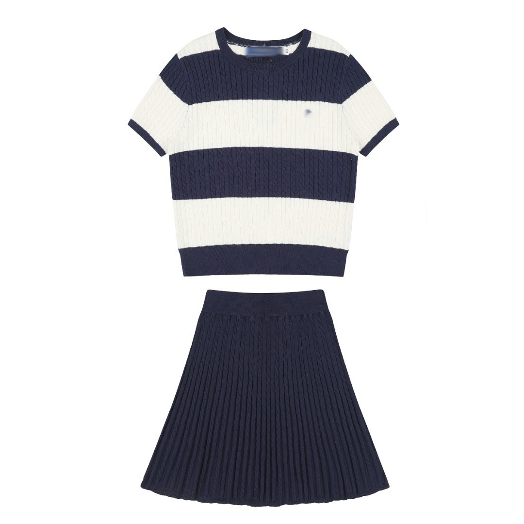 T-shirt pour femme ensemble en tricot à manches courtes vêtements de marque femmes Mini cheval broderie Plaid couleur bloc câble haut en tricot j