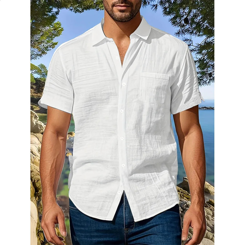 Summer Mens Short Sleeve Shirt Cotton Linen Lightweight Breathable Cozy Casual Lapel Collar Simple Style Shirts 260601BJ