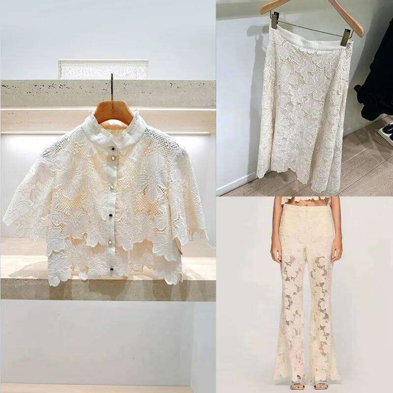 Women Single Breasted Short Shirt Embroidery Hollow Out Blouse , High Waist Fashion Midi Skirt Or Zipper Pants Trousers Mdng260601
