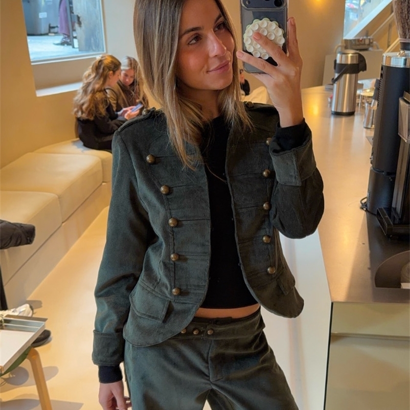 Retro Corduroy Pants Set Women Military Style Cropped Jacket Matching Wide Leg Pant Fashion Outfit Casual Streetwear Office Suit 260530BJ