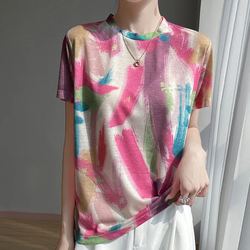 100 Silk Printed Short Sleeved 12 Color Womens Summer Fashion Tshirt Korean Version Round Neck Loose Top ZH Z59 260601