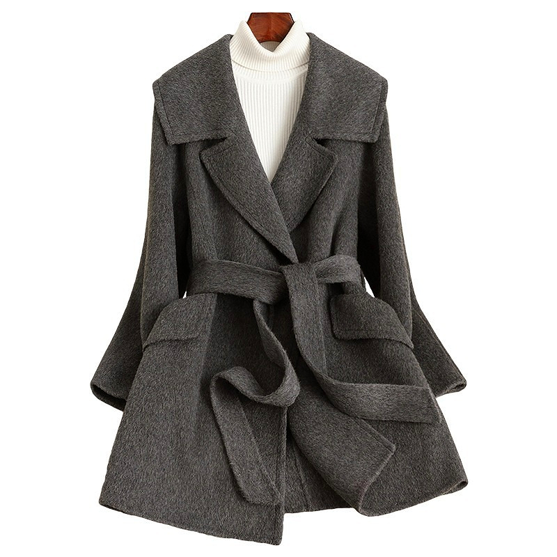 D3999 New autumn and winter lace-up lapel slim wool coat-image-1108463678