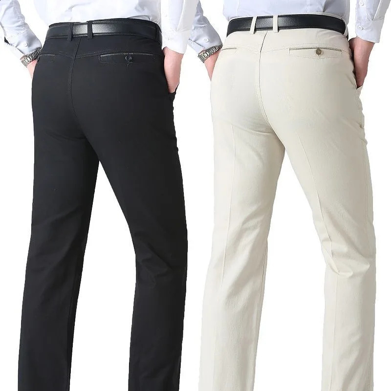 Mens Spring Autumn 100 Cotton Middle-aged Business Trousers Straight Slacks High Waist Dads Thin Thick Casual Male Suit Pants 260527BJ