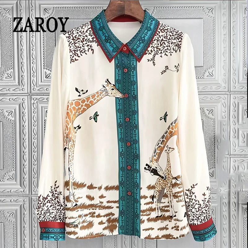 ZAROY Giraffe Print Women Shirt Casual Top Plus Size 3XL Elegant Office Lady Blouse Spring Long Sleeve Satin y Camisa 260601