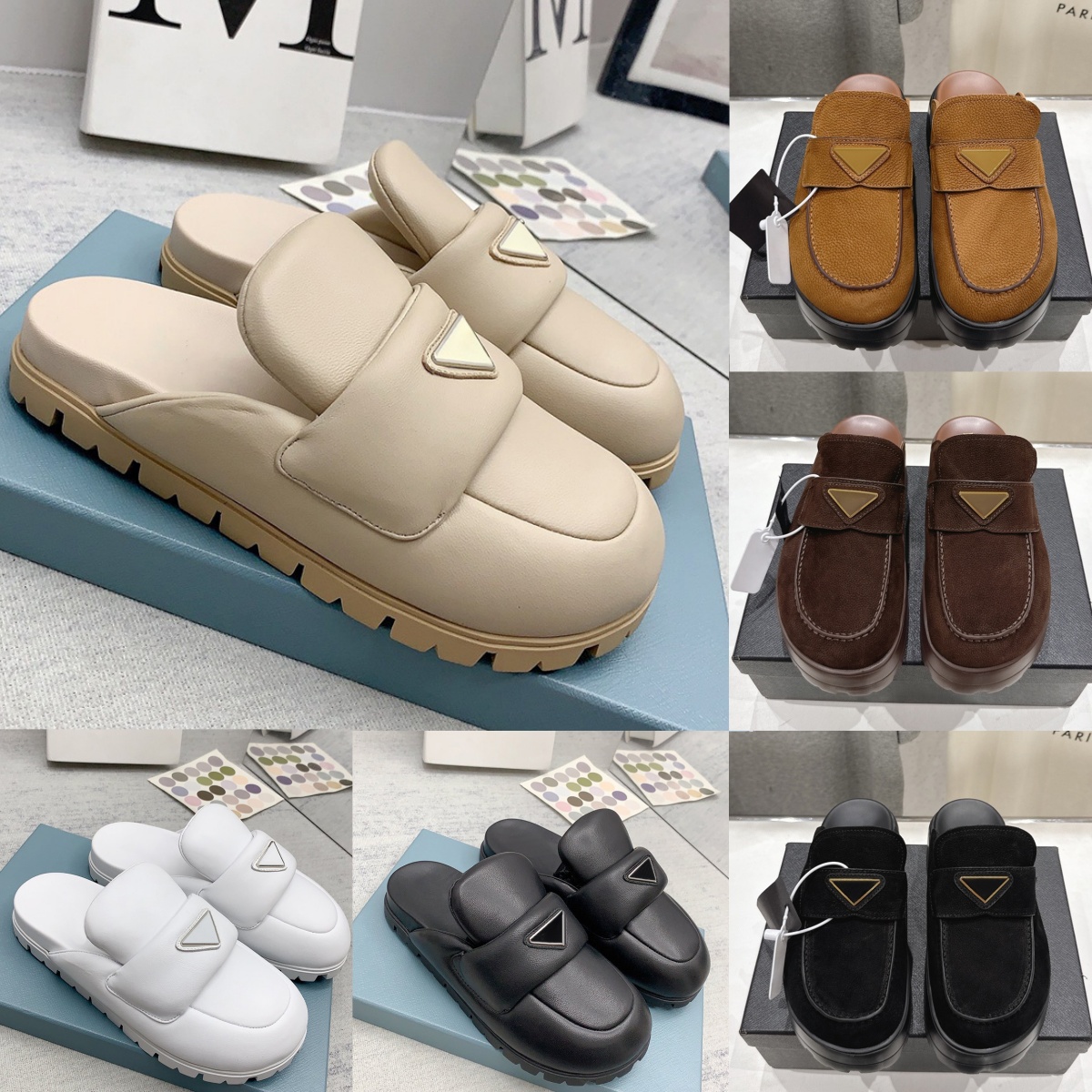 Top Quality Designer Premium Suede Women Platform Mule Slippers Prandas Genuine Leather Retro Distressed Casual Mules Handcrafted Triangle logo Back