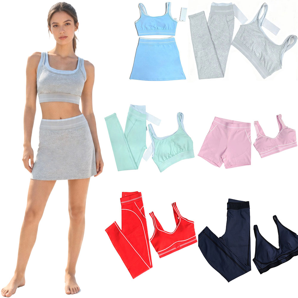 10A Yoga Set Gym Short Skirt Leggings Activewear Alosetterties Women Clothes Dress Set Sport Bra Shorts Exercise Gym Fitness Workout Set Active W-image-1108547385