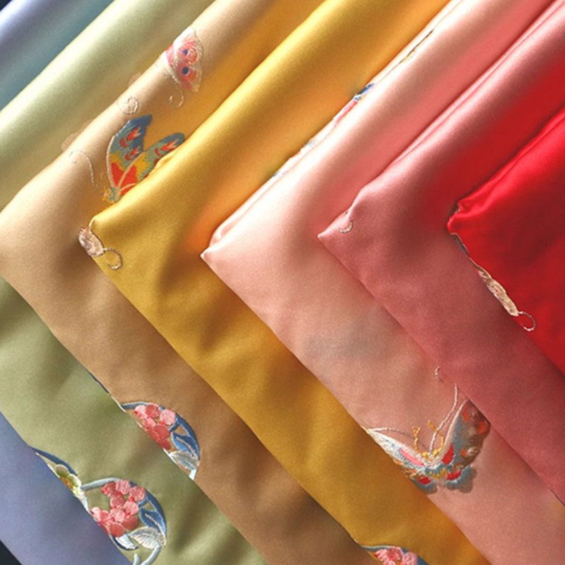 Vintage Chinese Round Cluster Floral Embroidered Thick Satin Faux Silk Fabric High Density Sewing Material For Cheongsam Hanfu Evening Gown-image-1108493428