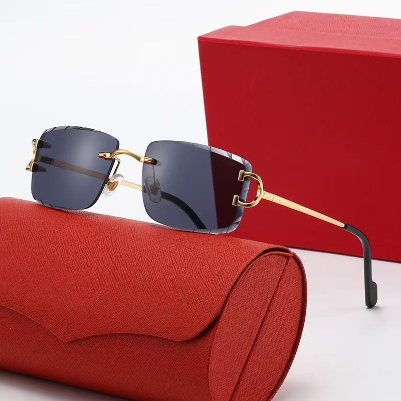 Luxury sunglasses for women designer sun glasses men diamond cutting lenses Gold and Silver Rimless Metal square Optical Frame Black Grey color Suns