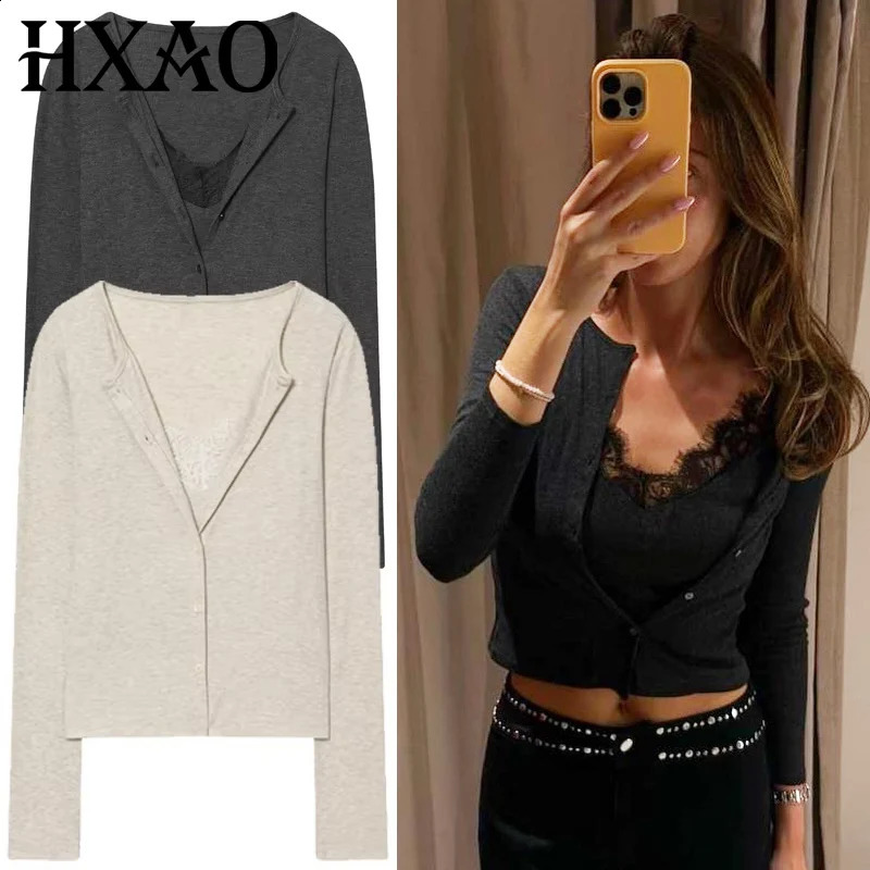 HXAO Cropped Lace Top Woman Blouses Autumn Grey Beige Shirts Blouses Fitted Long Sleeve Button Up Shirts Korean Style Blouses 260527BJ