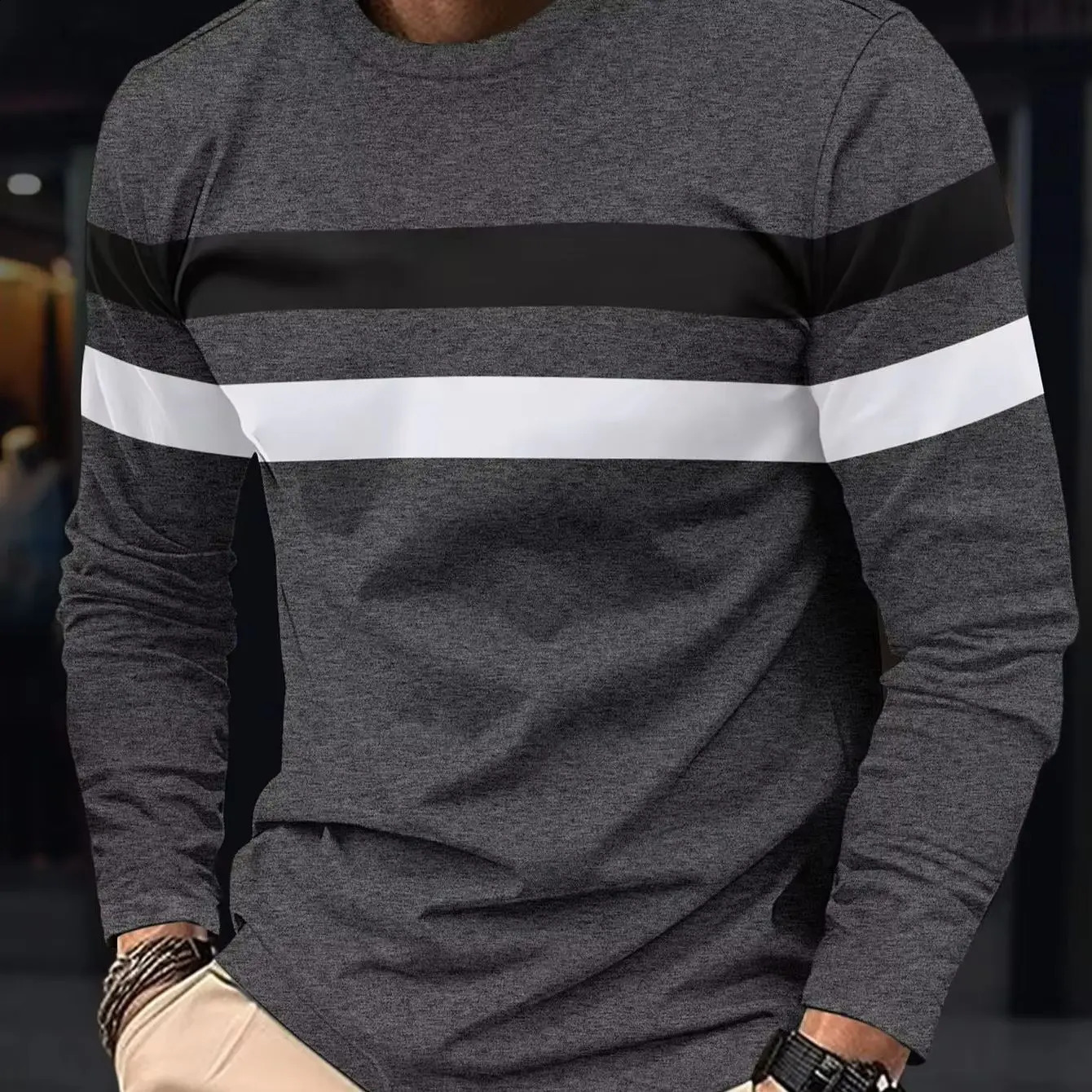 2025 Autumn/Winter Fashion Mens Long Sleeve Round Neck Splicing T-shirt Business Anti Wrinkle Street Wear Casual Top 260601BJ