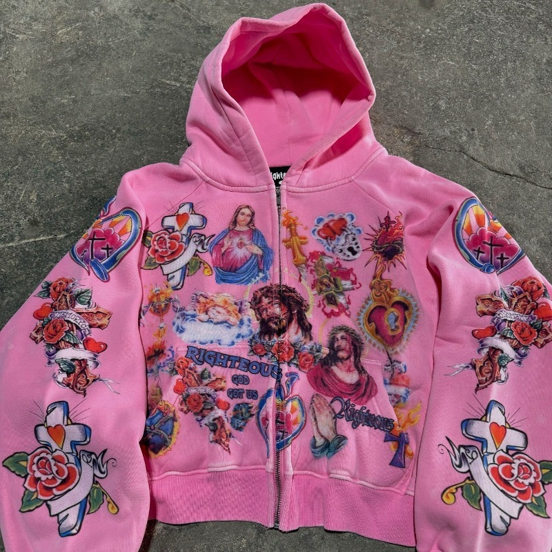 Women's Pink Graphic Zip-Up Hoodie Vintage Tattoo Print Cropped Streetwear Jacket daily outfit