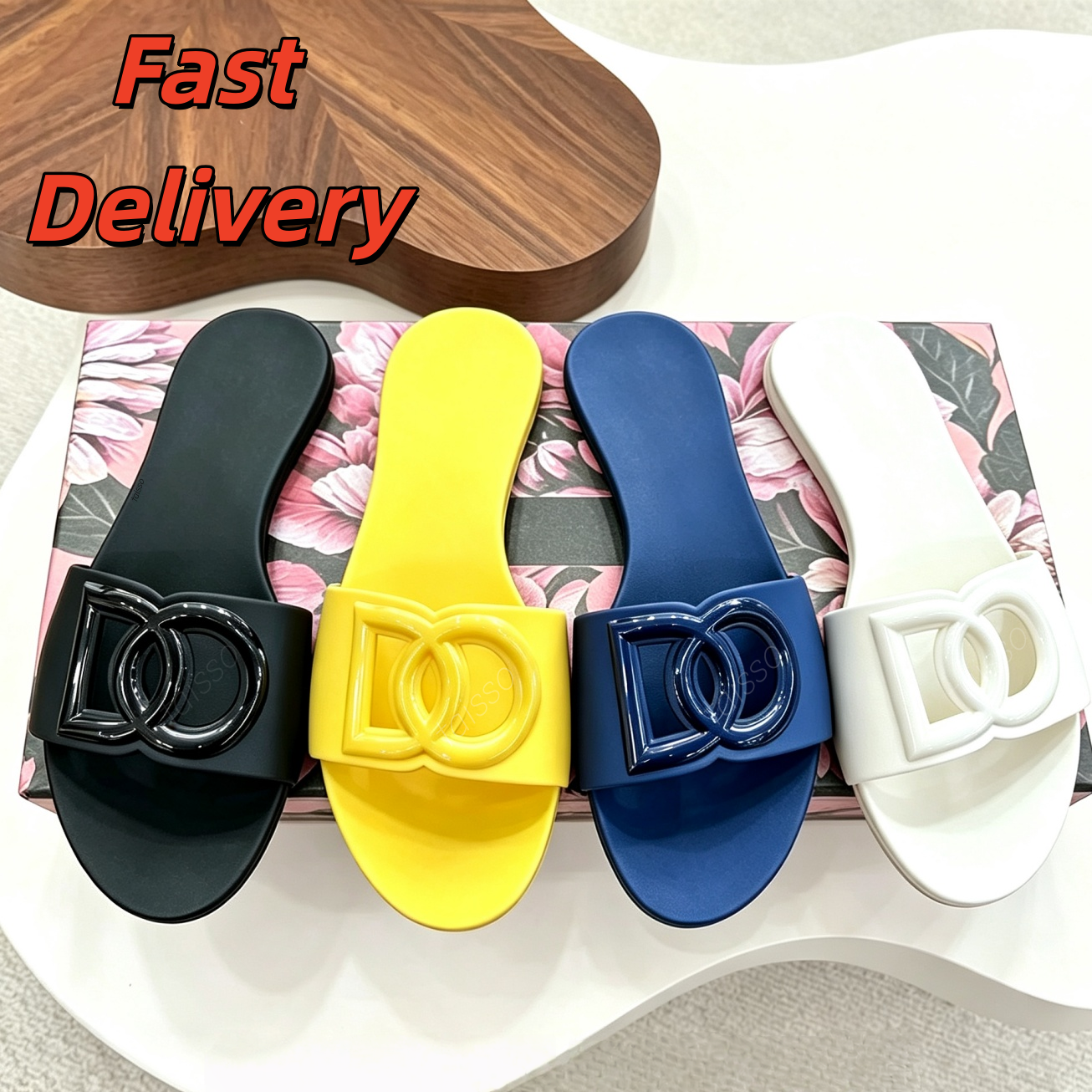 Designer Sandals Women Interlocking Slides Rubber High Quality Slippers Ladies Flat Beach Jelly Script Blue Summer Fall Mules Outdoor Waterproof Lux