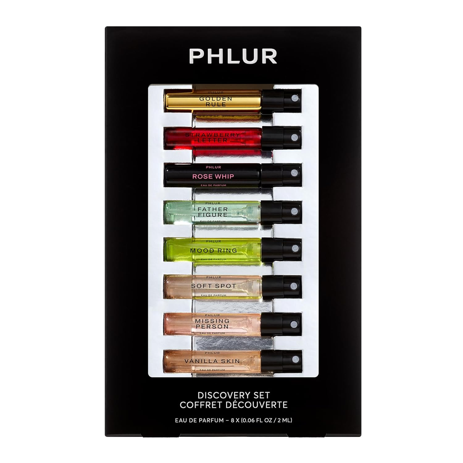 PHLUR Ensemble de découverte de parfums (2025) - Ensemble d'échantillons de parfum de 8 pièces avec nouvelles versions Peau de vanille, Règle d'o