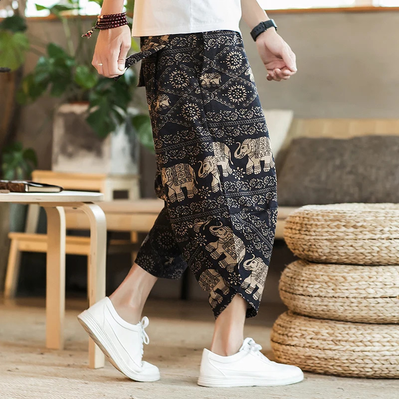 Loose Casual Cotton Linen Seven-Foot Pants Mens plus Size Lantern Wide Leg Pants Summer Comfortable Breathable Shorts 260601BJ