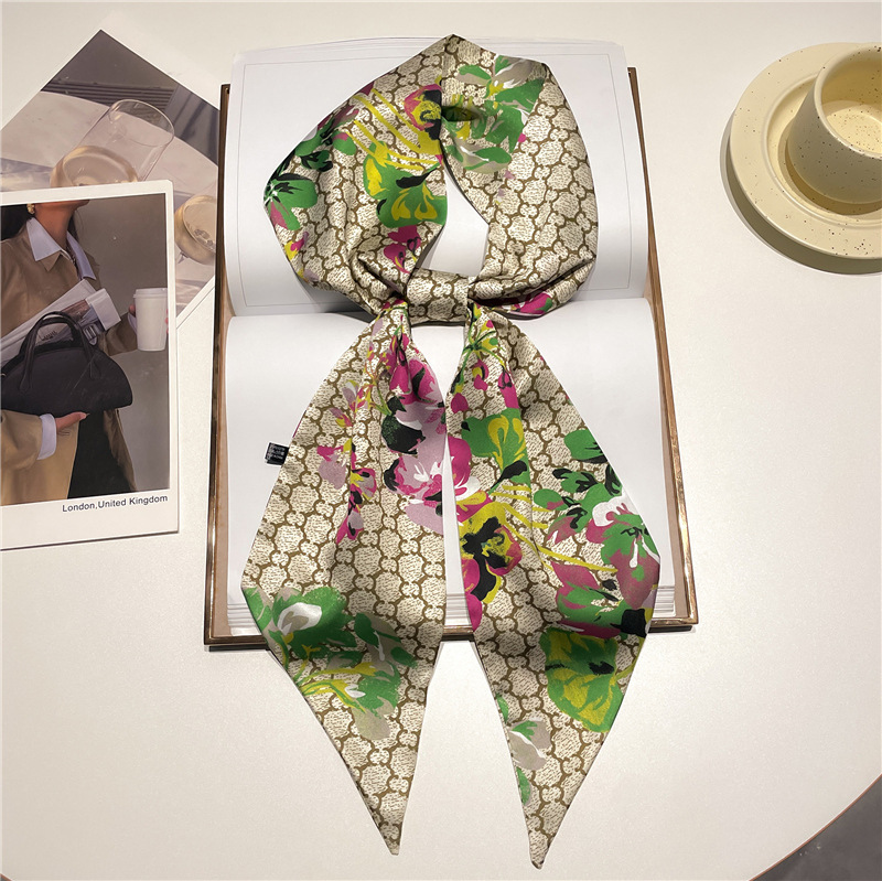 Designer Vibrant Floral Print Monogram Inspired Silky Satin Skinny Scarf Elegant Lightweight Women Neck Head Tie Fashion Accessory