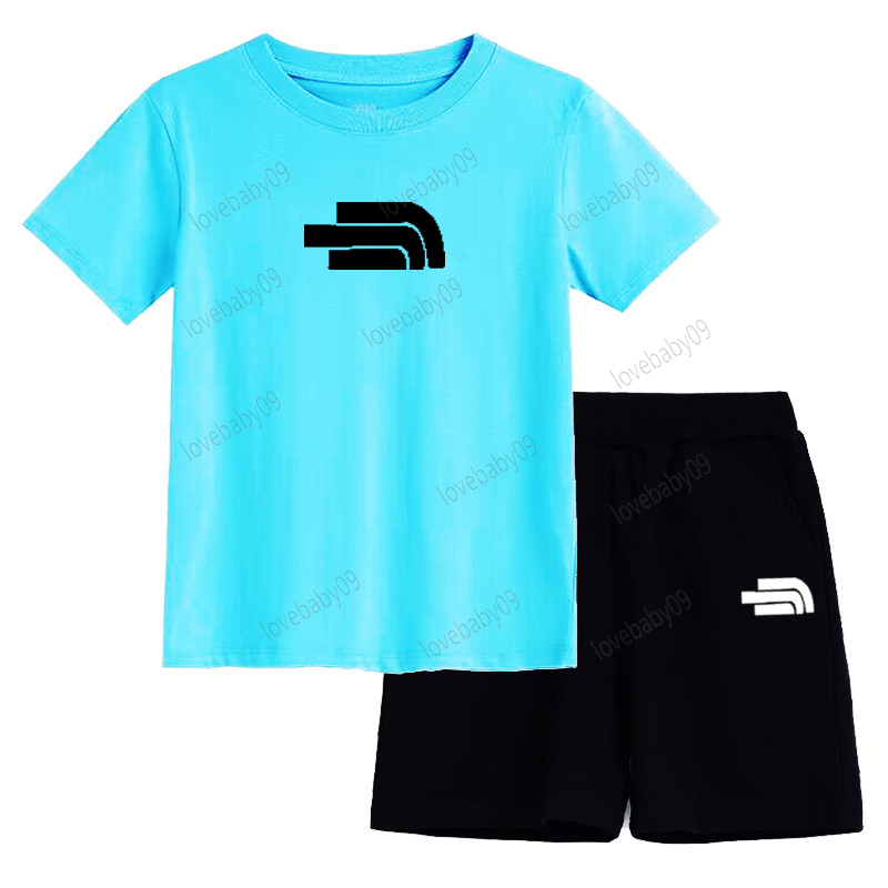 Children's Clothing 100% Cotton Blue T-Shirt Set Summer Top Shorts 2 Piece Set Short Sleeve Casual Fashion Boys Girls Kids Set-image-1001208898