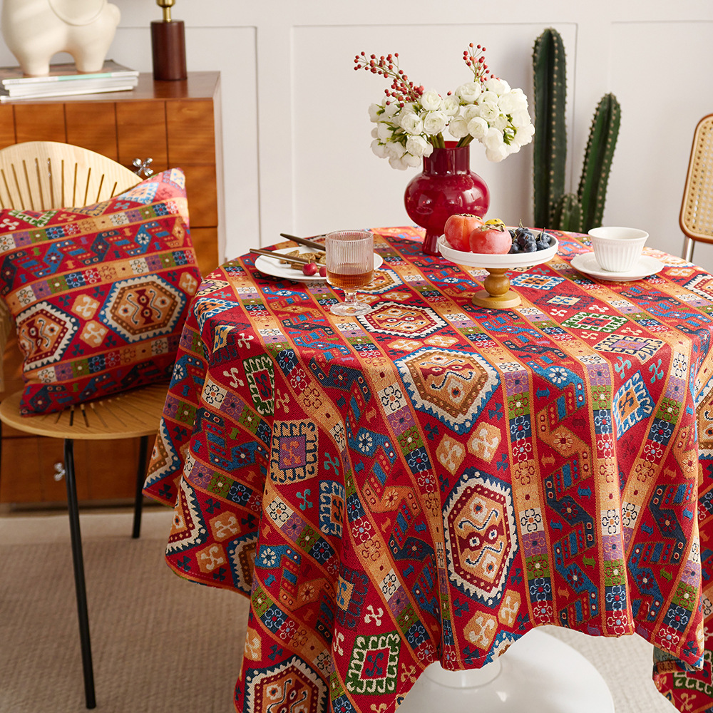Bohemian jacquard round tablecloth in red, perfect for a festive New Year celebration. Ideal for dining tables and coffee tables.LRD301-image-1108507675